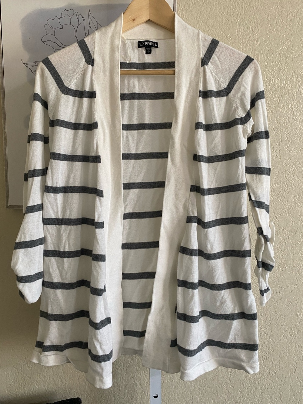 Express Open-Front White Cardigan with Gray Stripes